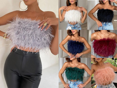 Solid Fur Fluffy Strapless Versatile Crop Top