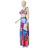 Summer Women Clothing Floral Print Sleeveless Lace-Up Strap Two Piece Maxi Skirt Set