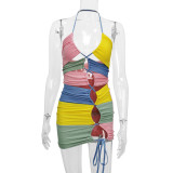 Women Summer Contrast Color Patchwork Strap Nightclub Sexy Hollow Bodycon Dress