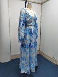 Fashion Women Clothing Spring Long Printed V-Neck Long Sleeve Maxi Dress