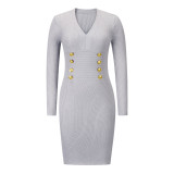 Slim Fit Chic V-Neck Double Breasted Knitting Sweater Dress Fall Winter Basic Dress