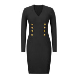 Slim Fit Chic V-Neck Double Breasted Knitting Sweater Dress Fall Winter Basic Dress