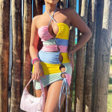Women Summer Contrast Color Patchwork Strap Nightclub Sexy Hollow Bodycon Dress