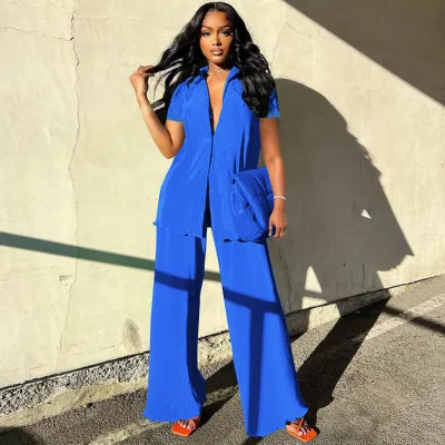 Summer Women Clothing Fashion Casual Short Sleeve Solid Color Two Piece Pants Set