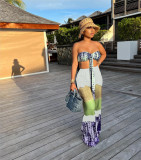 Summer Nightclub-Beach Style Tie-Dye Print Pleated Wrap Chest Strapless Top Sexy Two Piece Pants Set