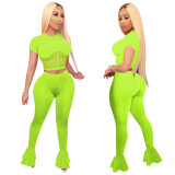 Women Clothing Mesh Patchwork Short Sleeve Top Sports Flare Pant Two Piece Set