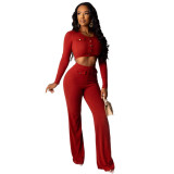 Women Clothing Ribbed Long Sleeve Crop Top + Wide Leg Pants Two Piece Set