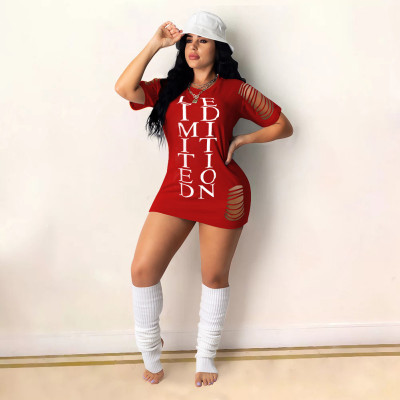 Women Clothing Fashion Tight Fitting Ripped Letter Print Dress