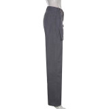 Street Hipster Women Clothing Casual Loose Drawstring Belt High Waist Grey Wide Leg Denim Cargo Pants