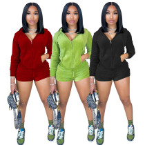Women Clothing Fashion Solid Velvet Zipper Hooded Long Sleeve Fall Two Piece Shorts Set