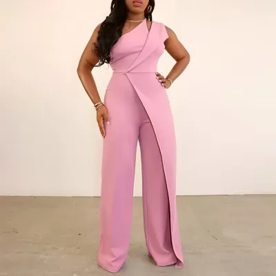 Women Clothing Elegant Slash Shoulder Sleeveless Irregular Jumpsuit