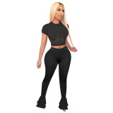 Women Clothing Mesh Patchwork Short Sleeve Top Sports Flare Pant Two Piece Set