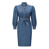 Fall Winter Elegant Stand Collar Long Sleeve Vintage Denim Dress Plus Size Women Clothing