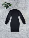 Women Clothing Black Turtleneck Mesh See-Through Balloon Sleeve Midi Bodycon Dress