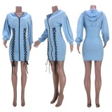 Spring Summer Women Clothing Solid Long Sleeve Drawstring Hooded Casual Dress