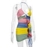 Women Summer Contrast Color Patchwork Strap Nightclub Sexy Hollow Bodycon Dress