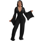 Solid Color Sexy Deep V Wrap Slit Wide Sleeve Jumpsuit Women One Piece Trousers