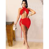 Summer Fashion Sexy Two Piece Cross Halter Sleeveless Tank Top Solid Color Trendy Lace-Up Skirt Set
