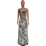 Spring/Summer Women Clothing Strap Low Back Zebra Print Side Slit Backless Maxi Dress