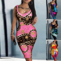Oil Painting Pattern Digital Print Sleeveless Round Neck Slim Women'S Bodycon Dress
