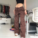 Street Hipster Women Clothing Casual Loose Drawstring Belt High Waist Grey Wide Leg Denim Cargo Pants