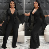 Solid Color Sexy Deep V Wrap Slit Wide Sleeve Jumpsuit Women One Piece Trousers