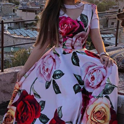 Spring Rose Print Beaded Patchwork Keyhole Short Sleeve Floral Maxi Dress