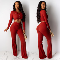 Women Clothing Ribbed Long Sleeve Crop Top + Wide Leg Pants Two Piece Set