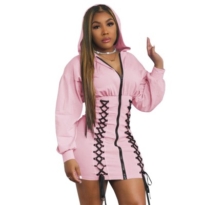 Spring Summer Women Clothing Solid Long Sleeve Drawstring Hooded Casual Dress