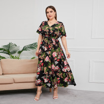 Plus Size High Waist Trendy V-Neck Floral Print Sexy Maix Dress