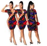 Women Clothing Fashionable Sexy Print Lace-Up Short Sleeve Bodycon Dress
