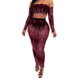 Fashion Sexy Strapless Dress See-Through Mesh Sequined Fringe Two Piece Dress Women