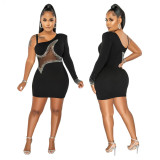 One Shoulder Long Sleeve See-Through Mesh Patchwork Beaded Bodycon Jumpsuit
