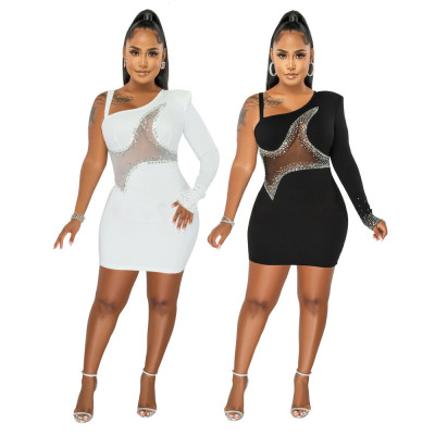 One Shoulder Long Sleeve See-Through Mesh Patchwork Beaded Bodycon Jumpsuit