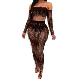 Fashion Sexy Strapless Dress See-Through Mesh Sequined Fringe Two Piece Dress Women
