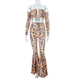 Women's Summer Leopard Bra with Sleeves High Waist Bell Bottom Pants Two Piece Set