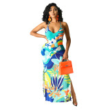 Summer Print Halter Neck Maxi Slit Dress