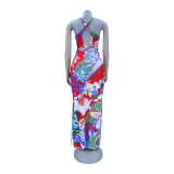 Summer Print Halter Neck Maxi Slit Dress