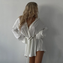 Summer Loose Casual Ruffled Shirt Women's Fashion Versatile Solid Color Single Breasted Blouse