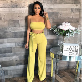 Sexy Women's Solid Strapless + Ruffles Wide Leg Pants Two Piece with Belt