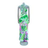 Summer Print Halter Neck Maxi Slit Dress