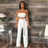 Sexy Women's Solid Strapless + Ruffles Wide Leg Pants Two Piece with Belt