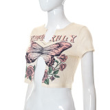 Fashion Women Spring Butterfly Print Sexy Crop Slit Short Sleeve T-Shirt