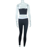 Summer Black and White Contrast Sling Top Sports Basic Pants Two Piece Yoga Suit