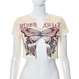 Fashion Women Spring Butterfly Print Sexy Crop Slit Short Sleeve T-Shirt