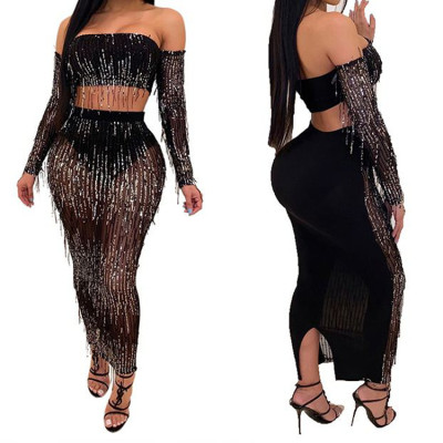 Fashion Sexy Strapless Dress See-Through Mesh Sequined Fringe Two Piece Dress Women