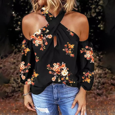 Womens Printed Long Sleeve Halter Neck Sexy Backless Loose Top