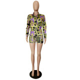 Women Printed Long Sleeve Top + Shorts Two Piece Set
