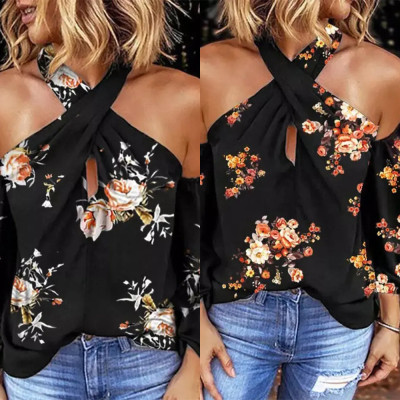 Womens Printed Long Sleeve Halter Neck Sexy Backless Loose Top