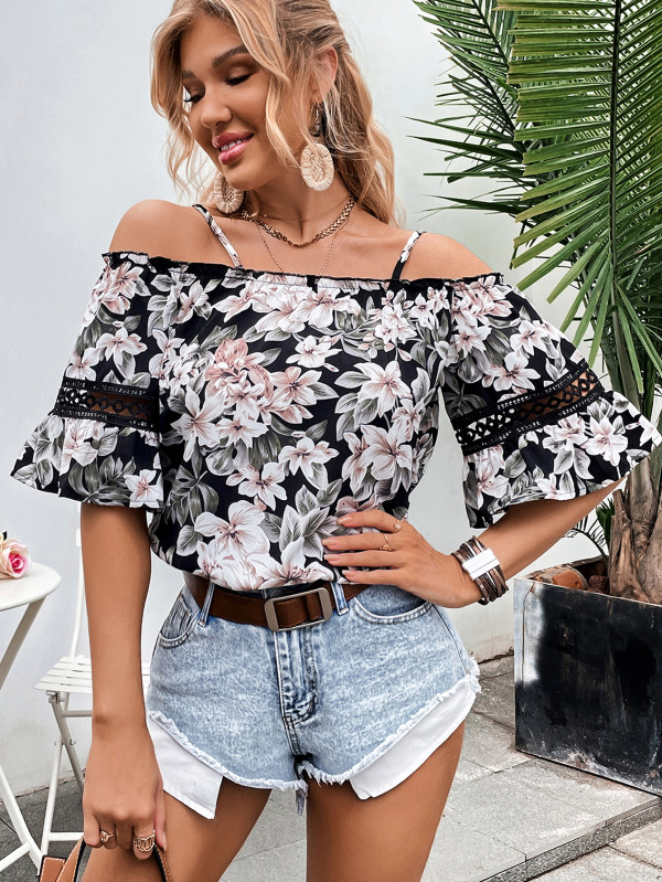 Womens Chic Off Shoulder Print Top